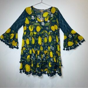 Karakorum Midi Dress Lemon Print Tiered Tunic–Yellow & Teal size M/L 100% Cotton